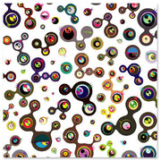Illustration of various colored Murakami eyes, some joined into one another, forming something similar to a pattern. Background is white.