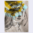 Portrait of a woman with long wispy hair, looking off to the right with a solemn expression. Strokes of olive green and mint blue paint streak her face.