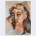 Portrait of a woman, looking straight at the viewer with dark wispy hair. Blocks of bright orange paint color her face.