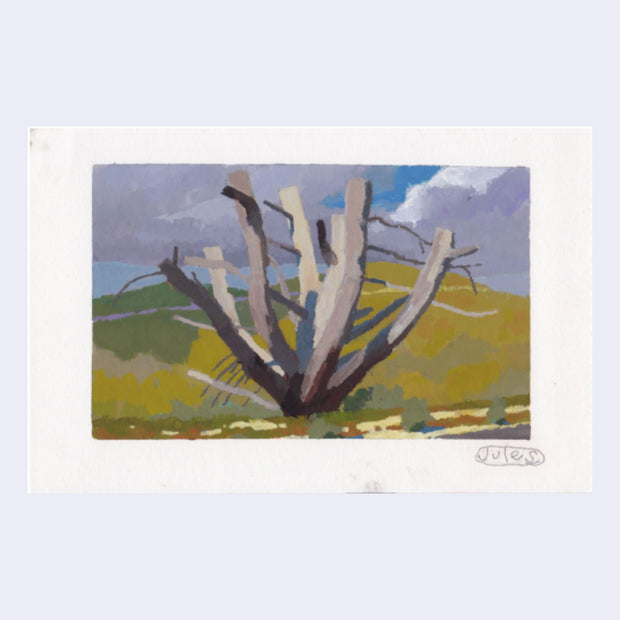 Plein air painting of a large bare tree, with very thick branches. Behind is a cloudy sky and a green hill.