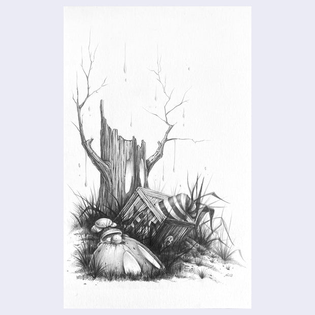Finely rendered pencil drawing of a sack with large oval eyes, half buried in thick grass. Next to it is a wooden box with a striped sock hat, a tree trunk standing behind both of them.