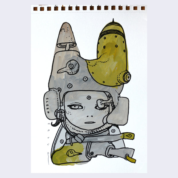 Black line art illustration of a girl visible from only the neck up. She looks on with her mouth slightly ajar and wears a metal helmet with two raised elements, akin to bunny ears. She has an eye piece coming out from her helmet and straps around her neck. Drawing is colored in by gray paint and olive green color accents with visible brush strokes.