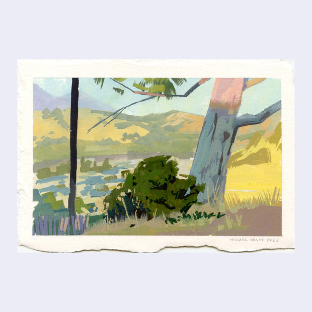 Plein air painting of a tree trunk, and green bush in front of many hills with dry brush on them