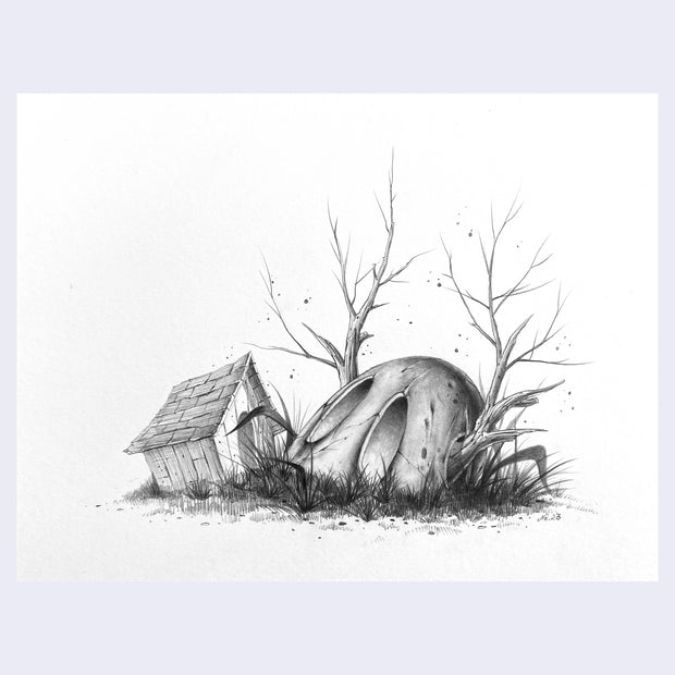 Finely rendered pencil illustration of a rock with large oval eyes half positioned in the ground with grass around it and a small wooden house next to it.