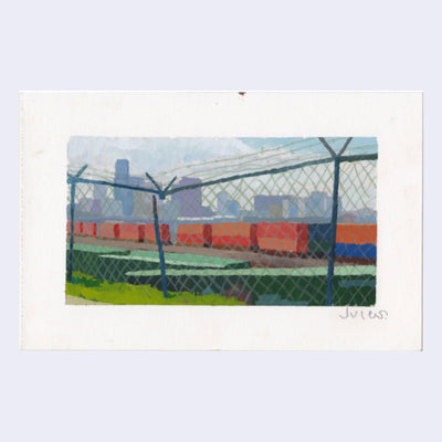 Plein air painting of a long train cart holding stacked storage units, seen from behind a iron link fence. A large city is seen in the background.