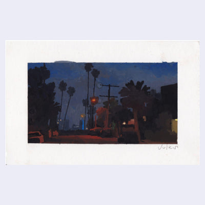 Plein air painting of a night time street scene, dimly lit with a red tinted street light. Palm trees line the street as well as a large telephone pole.