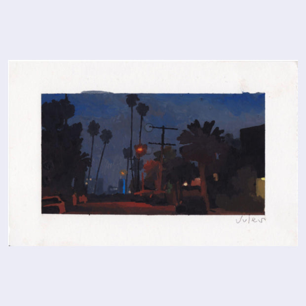 Plein air painting of a night time street scene, dimly lit with a red tinted street light. Palm trees line the street as well as a large telephone pole.