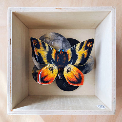 A shadow-box-esque sculpture containing an illustration of Mothra, posited on grayish black circles.