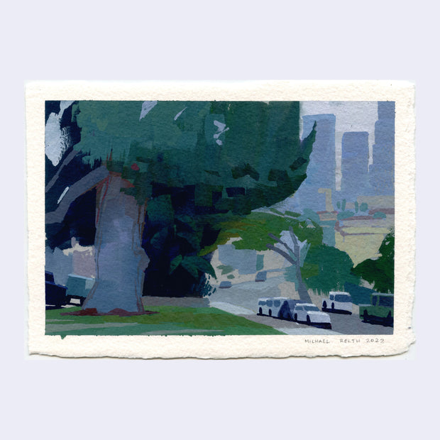Plein air painting of a very large trunked tree in a park, with cars parked along the side of the street. Lighting is mainly gloomy