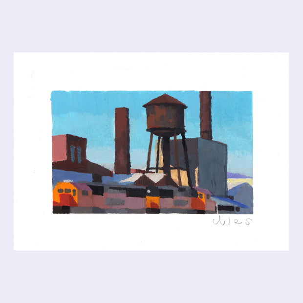 Plein air painting of a water tower over a long train.