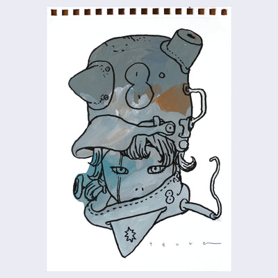 Black line art illustration of a girl visible from only the neck up. She wears a large metal helmet with obtuse shapes jutting out and an 8 in the center. Her face is slightly obscured by a fabric wrapping around her neck. Drawing is colored in with gray, brown and blue paint with visible brush strokes.