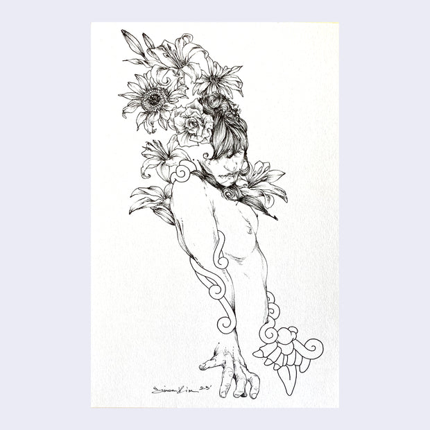 Ink illustration of a nude woman with many flowers blooming out around her head, with a vine wrapped around her arm.