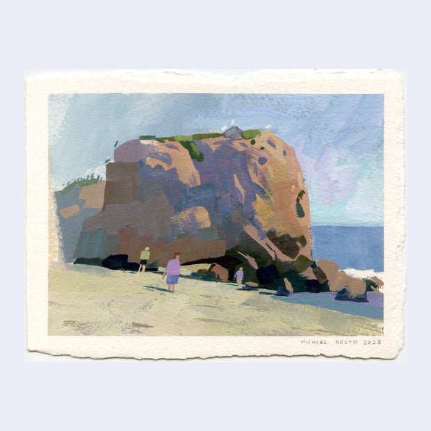 Plein air painting of El Matador beach, featuring a large rock formation with moss up top and several people walking in the sand.