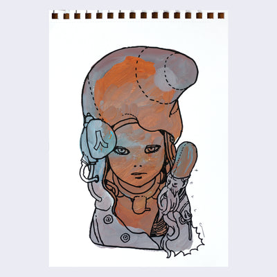 Black line art illustration of a girl visible from only the neck up. She wears a large fabric helmet, that slightly tips forward and a mechanical instrument on her ear. A small older Asian man with long facial hair juts out form her shoulder. Drawing is colored in with orange, grayish purple and blue paint with visible brush strokes.