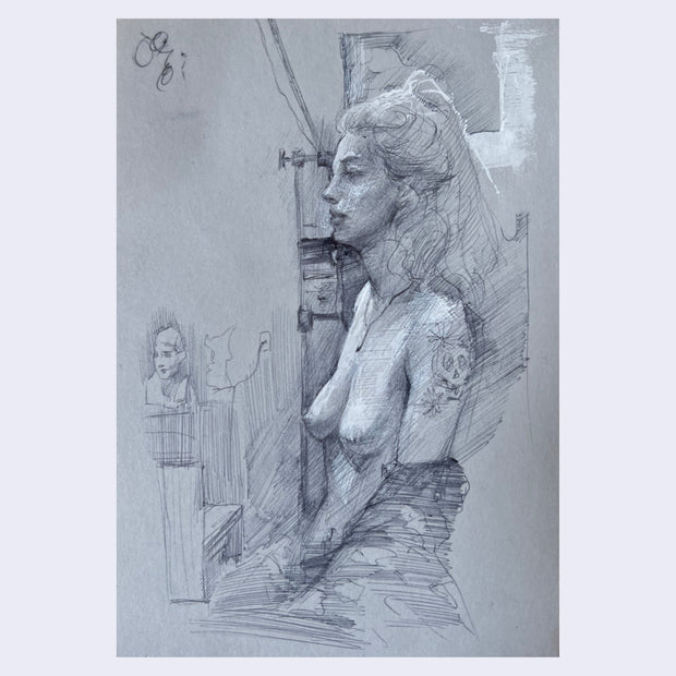 Sketch of a topless woman, looking off to the left with a skull tattoo on her left arm.