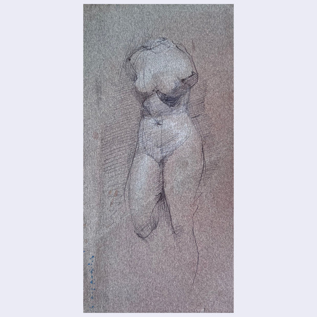 Fine art sketch of a nude body without any face or arms on gray paper.