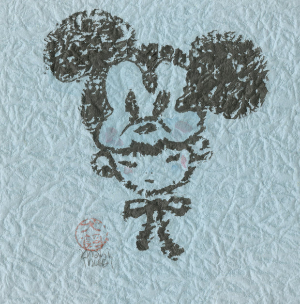Black ink drawing on blue paper of a woman's face, with a large Mickey Mouse hat atop of her head.