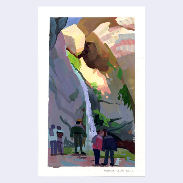 Plein air painting of large rocks and a skinny waterfall flowing down between them, with various people standing below and looking.
