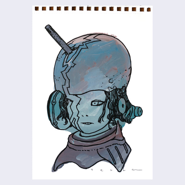 Black line art illustration of a girl visible from only the neck up. She wears a smooth metal helmet with a small pipe jutting out of it, which has caused a crack that goes down to cover half her face. Drawing is colored in with blue and purple paint with visible brush strokes.
