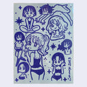 Blue marker drawing on grey paper of 8 sketches of differently posed anime women, all in the same style. Poses include, sitting cross legged, looking over one's shoulder, and diving while nude.