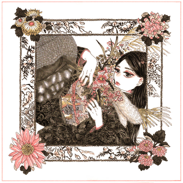Fine line illustration of a woman with large eyes, lounging in an oversized brown kimono with a wrap with wolves on it and pink rope. A pink and brown and bouquet of flowers rests on her chest and the illustration is framed by a floral border.
