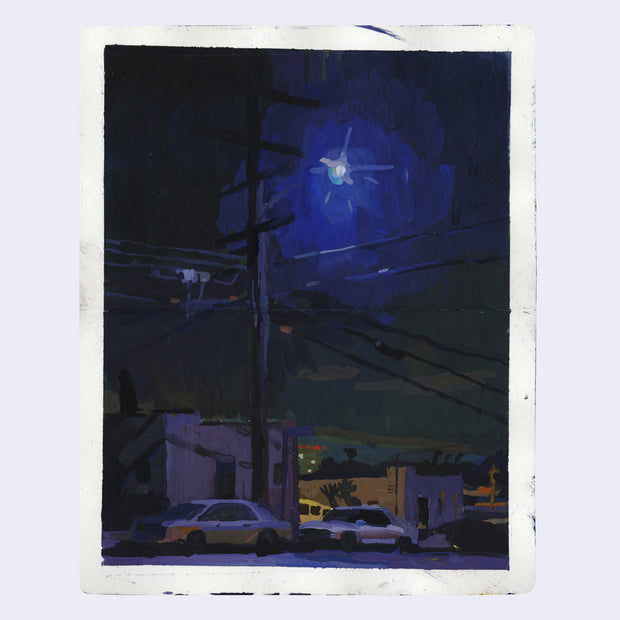 Plein air night scene painting of a large telephone pole in a neighborhood with lots of wires. Attached to it is a street light emitting a very bright blue glow.