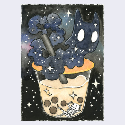 Full bleed watercolor illustration of a short, wide clear boba cup with a small cartoon skeleton floating at the bottom. Coming out of the straw is a dark cloud of smoke, shaped like a cat. Background is a galactic black sky.