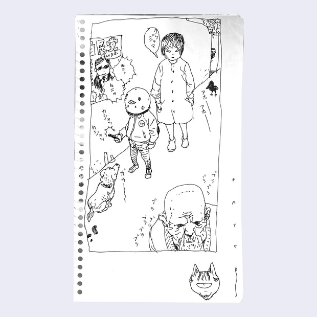 Ink drawing on spiral bound sketchbook paper of a mother and child walking by a wall with a poster on it. The child wears a helmet and looks down at a dog, while holding out a treat. An older man stands nearby.