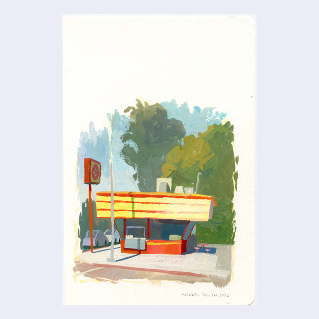 Plein air painting of a small food establishment with a large sign in the front.
