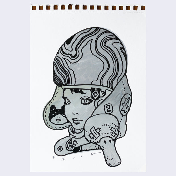  Black line art illustration of a girl visible from only the neck up.  She wears a tall, rounded helmet with swirled patterned on it. It has ear flaps that wrap around her neck, with a duck head with x-d out eyes. Drawing is colored in with warm gray paint with visible brushstrokes.