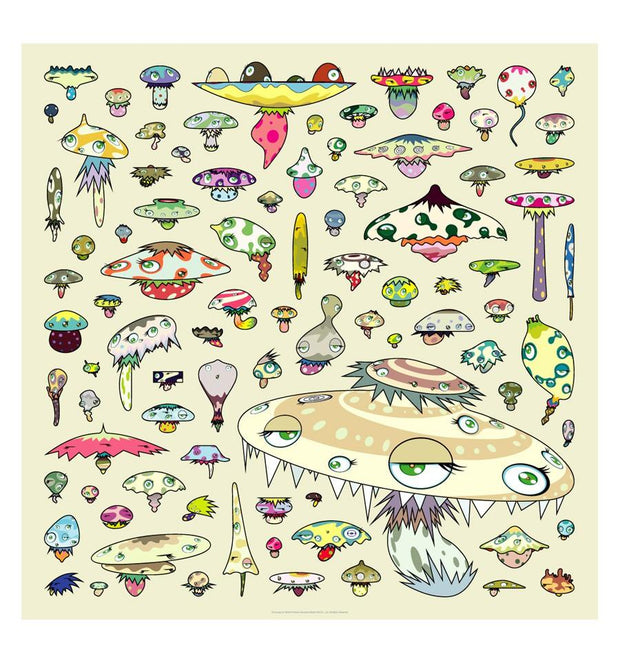 Print of an illustrated pattern of various Murakami designed mushroom characters, with colorful details and many eyeballs.