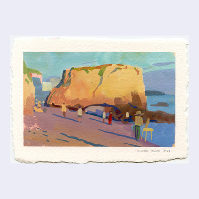 Plein air painting of El Matador beach, featuring a large rock formation with moss up top, all being illuminated strongly by sunset lighting.