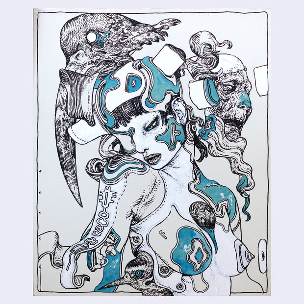 Finely detailed line art illustration of a topless woman, seen from the chest up looking off to the side with many mechanical elements to her body and a metal helmet with jutting out elements. Behind her is the face of a bearded old man and a crow with a large beak. Piece is cream with white coloring and teal blue color accents.