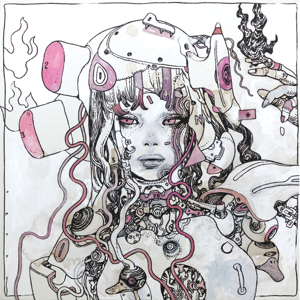 Finely detailed black line art illustration of a woman, seen from the bust up, with a completely mechanical chest, with the plates moved out revealing the inner wiring. She has her arm slightly raised with flames coming out of her fingers. Piece is primarily white with tan shading and pink accent details.