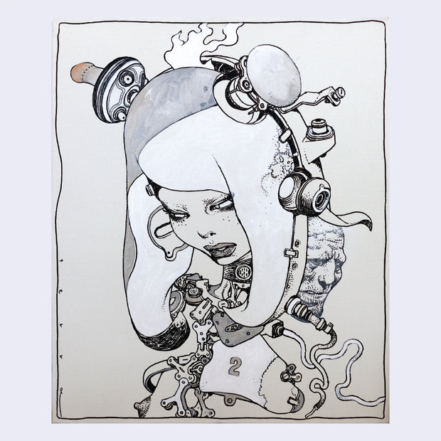  Black line art illustration of a girl visible from only the neck up.  She has long white hair with bangs and a fully mechanical chest, which is detached into many floating elements. Behind her is the face of an old man peeking out. Piece is primarily cream and white with some gray shaded details.