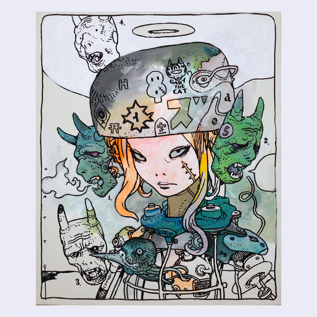  Black line art illustration of a girl visible from only the bust up. She wears a rounded metal helmet with many stickers on it and two green demon heads over her ears like headphones. Her chest is an empty white wire cage with mechanical elements around her neck. Some floating demons heads hang nearby.