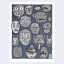 Illustration of over a dozen stylized masks on a blue textured background with visible signature from the artist.