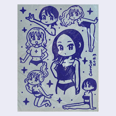 Blue marker drawing on grey paper of 6 sketches of differently posed anime women, all in the same style. Some are close up head portraits, others are full or half body renderings.