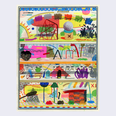 Colorful mixed media drawing divided into 4 horizontal quadrants, like floors in a house. Each floor has a variety of colorful abstract shapes and scribbles, pieced together like a collage.