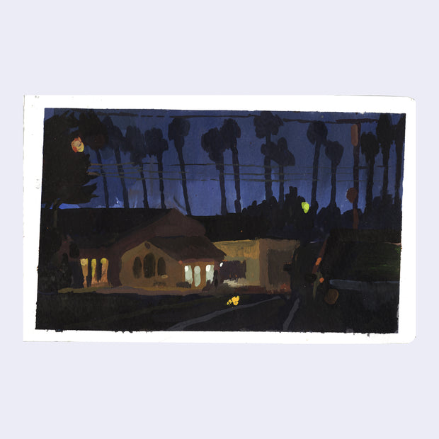 Plein air night scene painting of a neighborhood with faint illumination coming from a house.