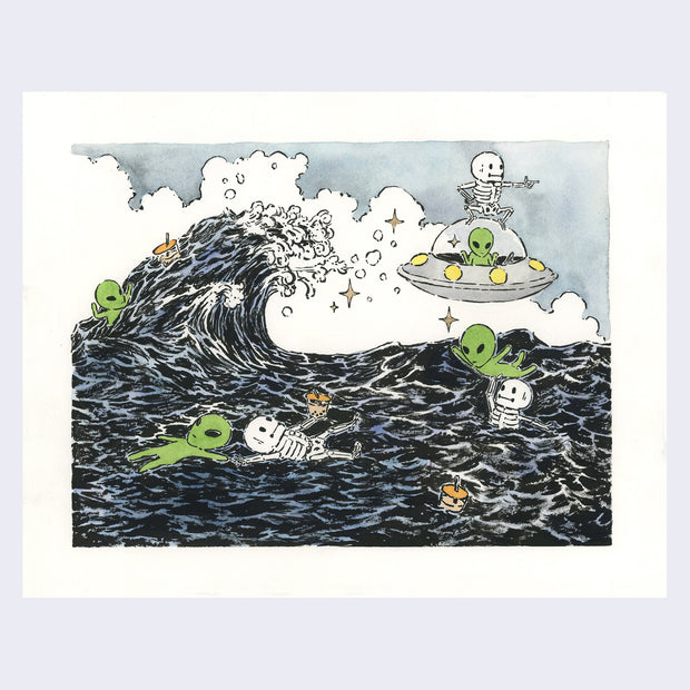 Watercolor illustration on white paper with a border. A large ocean scene with a single, tall curling wave with many cartoon skeletons and simple green aliens swims and float in the water. An alien rides in a UFO with a skeleton sitting on top, pointing to the right. Gold sparkles are scattered in the scene.