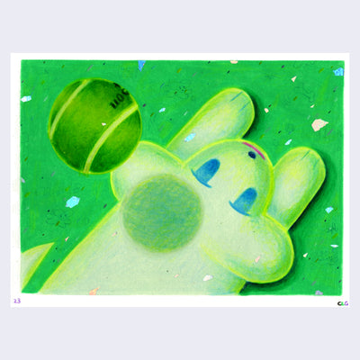 Neon green color pencil drawing of a stylized cartoon dog, looking overhead at a tennis ball flying over it, with the implied movement of catching it when it lands.