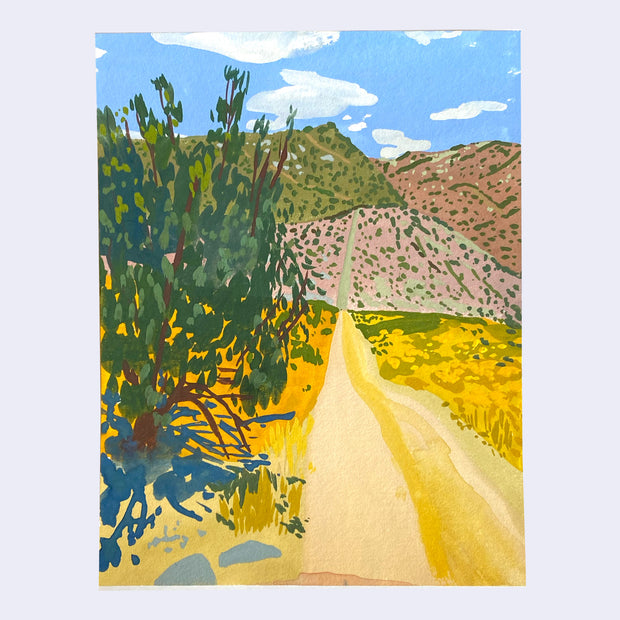 Colorful plein air painting of a desert canyon road, with a large tree on the left. Many hills are in the background, dotted with bushes.