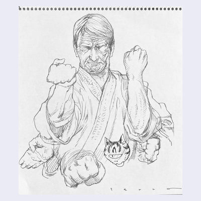 Drawing on spiral bound sketchbook paper of an upper middle aged man, with various face wrinkles from age and from his squinting expression. He holds his hands in a fighting stance and wears a gi. Below him, various iterations of his hands punch out. 