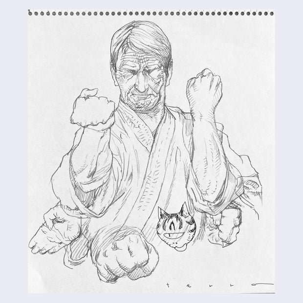 Drawing on spiral bound sketchbook paper of an upper middle aged man, with various face wrinkles from age and from his squinting expression. He holds his hands in a fighting stance and wears a gi. Below him, various iterations of his hands punch out. 