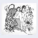 Ink sketch of a nude woman with a cherub on her back, a roaring tiger stands next to her with flowers blooming around the scene.