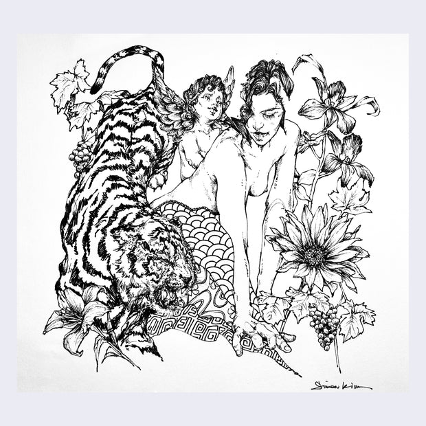 Ink sketch of a nude woman with a cherub on her back, a roaring tiger stands next to her with flowers blooming around the scene.
