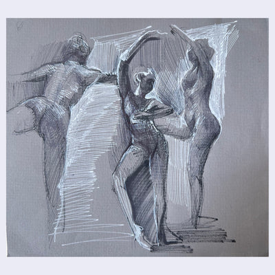 Figure sketches of 3 nude woman in dancer poses on gray paper.