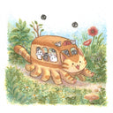 Art print featuring a whimsical illustration of a cat with a Bus-like body, carrying various small animals such as mice and rabbits, set against a background of a forest and flowers.