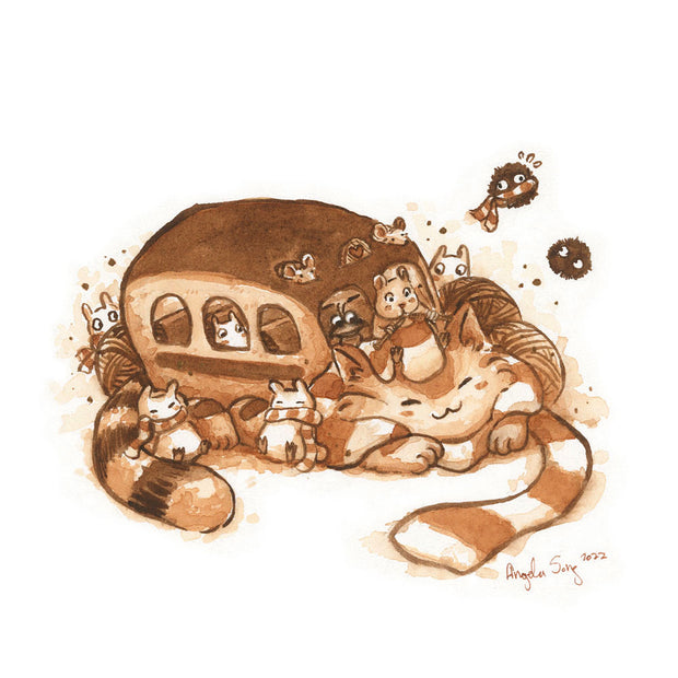 Watercolor illustration of a stylized, sepia colored Catbus laying down with a striped scarf wrapped around and yarn balls around. Sleeping creatures, Chibi Totoros and dust sprites, lay nearby in matching scarfs.
